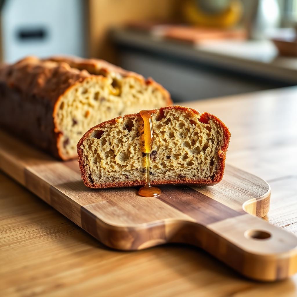 Sliced honey banana bread on a cutting board with honey drizzle